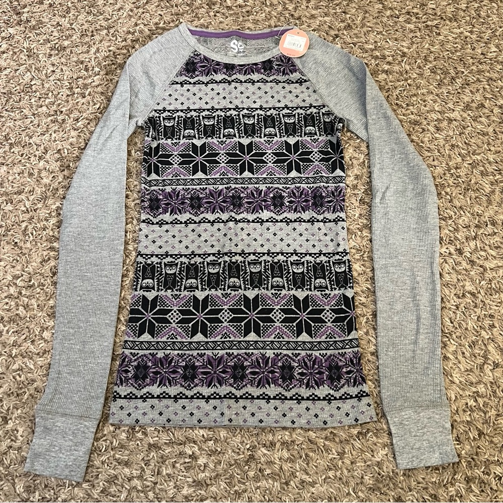 NEW! So Y2K Womens M Gray Purple Fairisle Thermal Long Sleeve Owls Medium